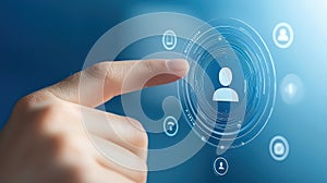 Interactive digital interface, person activates touch screen technology display person