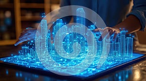 Interactive digital model of a city displayed on a tablet