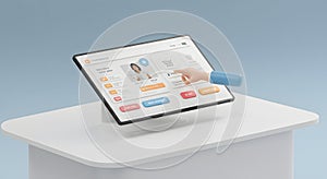3D Hand Interacting with Modern Tablet Interface on White Desk