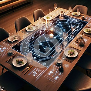 interactive dining table surface that displays animated constellations during evening meals HD smart dining room image