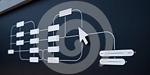 Interactive flowchart diagram with cursor on a dark digital screen process workflow
