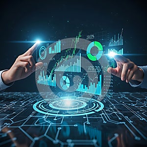 Interactive futuristic data visualization with hands touching glowing holographic graphs