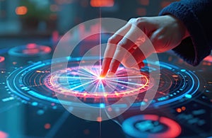 Interactive futuristic touch interface technology on holographic display. Hand touching digital screen, data visualisation.