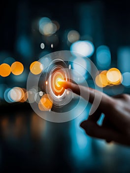 Interactive futuristic touchscreen interface in a city at night