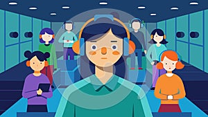 An interactive game that challenges visitors to navigate a crowded room while wearing headphones that mimic the auditory