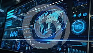 Interactive global data visualization on a futuristic digital dashboard at night