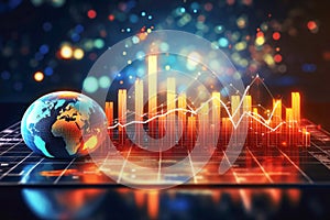 Interactive graph histogram with globe, copy space. The Concept of macroeconomics and international economics