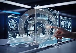 Interactive holographic data visualization interface with futuristic controls