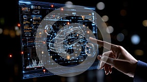 Interactive Holographic Interface Showing 3D Car Design and Data Analysis