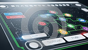 Interactive interface shows network nodes, data connections and technology processing diagrams