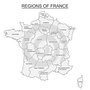 Interactive map of metropolitans French regions on white background