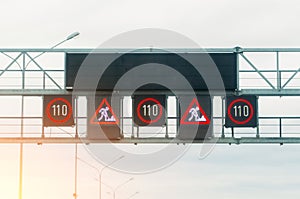 Interactive scoreboard with symbols of traffic signs, speed limit, road repair.