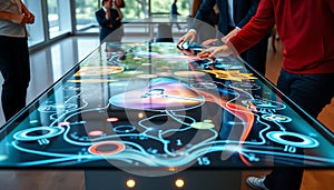 Interactive touch screen table, modern technology and digital interface display Generative AI