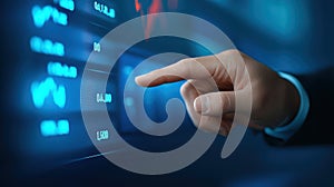 Interactive touch screen technology, person activates futuristic digital interface