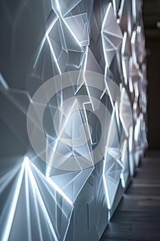Interactive touchsensitive polygons lighting up in sequence on a wall demonstrating the tactile interface of modern devices