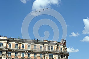 Interceptor fighters MiG-31K in the skies over Moscow during the parade dedicated to the 75th anniversary of Victory in the Great