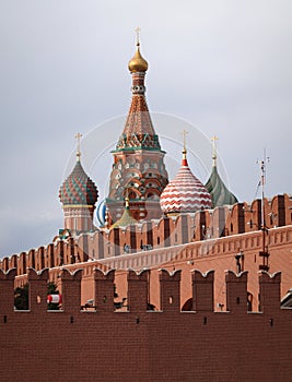 Intercession Cathedral on Red Square in Moscow view from behind the Kremlin wall