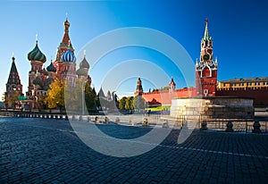 Intercession Cathedral St. Basil`s and the Spassky Tower of Moscow Kremlin