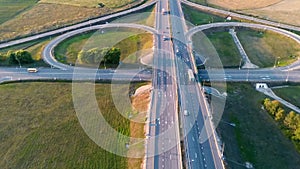 Interchange highway road network. Aerial landscape road crossing.