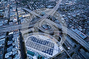 The interchange of Los Angeles USA and the Staples Center during the rush hour