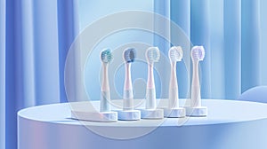 The interchangeable brush heads of an electric toothbrush offering different levels of bristle firmness for personalized photo