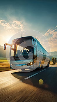 An intercity large bus travels along the highway. Generative AI.