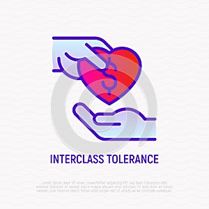 Interclass tolerance thin line icon: one hand donates to other. Symbol of charity for destitute. Modern vector illustration photo