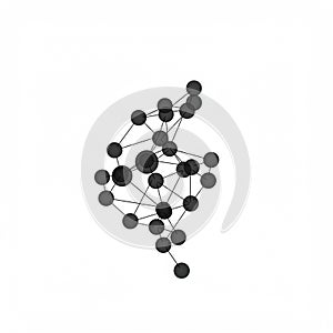 Interconnected black spheres form a complex 3D structure resembling a molecular