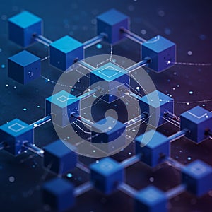 Interconnected blue cubes symbolize a blockchain network, linked by lines and nodes.