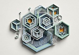 Interconnected 3D hexagonal structures in various shades of blue,