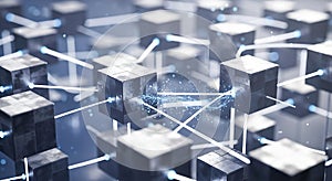 Interconnected dark cubes with glowing blue energy