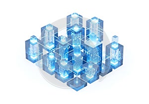 Interconnected digital cubes network isolated on white background