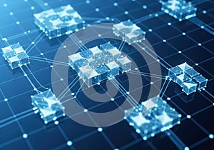 Interconnected digital network of nodes and data flow visualization in a futuristic design