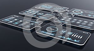Interconnected futuristic dashboard interfaces with data metrics
