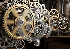 Interconnected gears in various sizes and metallic colors create a complex mechanical system. The
