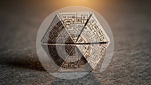 Interconnected geometric shapes resembling a complex network of electronic