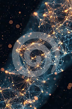 Interconnected glowing network. Complex system of linked points and lines. Data structure. Abstract artificial neural networks on