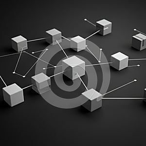 Interconnected gray cubes on a dark background represent a network or data system.