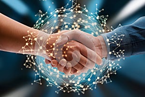 Interconnected handshake with glowing network, emphasizing digital theme and symbolism of partnership and connection