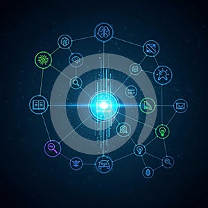 Interconnected icons representing various tech elements like a brain,