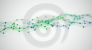 Interconnected network of blue and green nodes connected by lines on a white