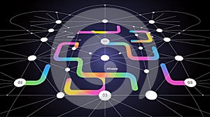 Interconnected network of colored pathways and nodes