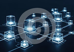 Interconnected network of glowing cubes symbolizing digital data exchange and cloud technology
