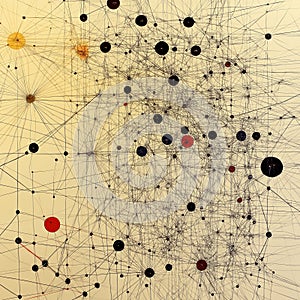 Complex abstract network of interconnected nodes and lines on a yellow background