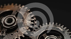 Close-up of interconnected rusty gears, machinery parts macro, industrial equipment background concept photo
