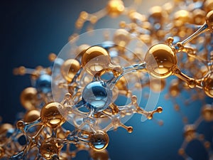 Interconnected spherical structures resembling molecules in digital art. Gold and blue spheres