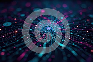 Interconnected systems and information flow An intricate, abstract network of glowing circuit patterns