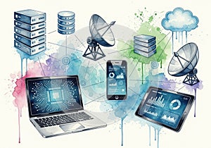 Interconnected technology elements, including a laptop, smartphone, tablet,