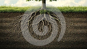 Interconnected tree roots on hillside symbolizing unity among nature