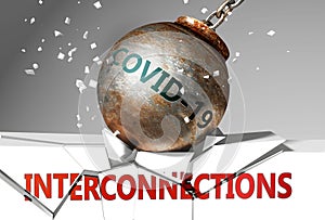 Interconnections and coronavirus, symbolized by the virus destroying word Interconnections to picture that covid-19  affects